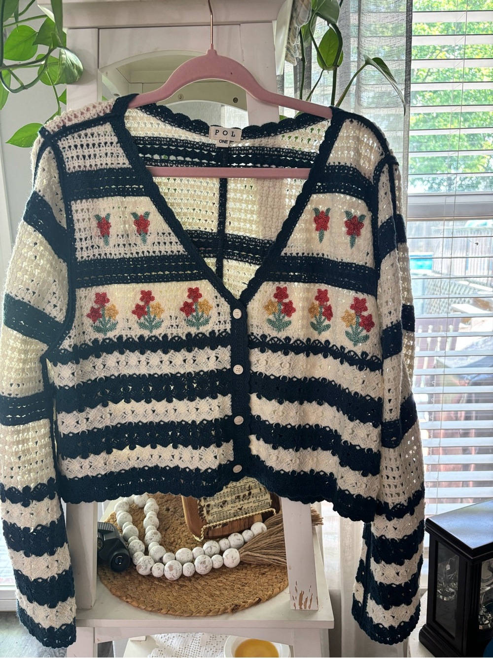 POL Cream & Navy Crocheted V-Neck Cardigan with Floral Embroidery